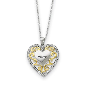 Black Bow Jewelry Rhodium & Gold Tone Plated Silver & CZ Mother Heart Necklace, 18 Inch - 1 of 4