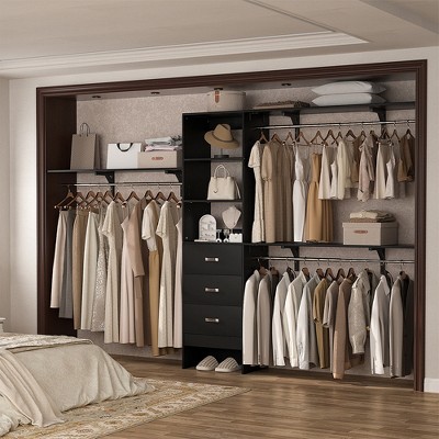 Aheaplus Closet System with 3 Drawers and 3 Hanging Rods, Freestanding Wardrobe with Shelves
