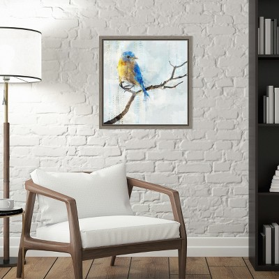 Blue and Yellow Bird Impressionist Canvas Framed Wall Art