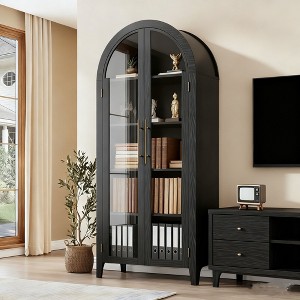 TackView Farmhouse 5 Tier Bookcase Display Shelf, with Adjustable Shelf and Glass Doors, Arched Kitchen Pantry Cabinet - 1 of 4