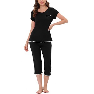 cheibear Women's Round Neck Loungewear with Capri Pants Pajama Set - 1 of 4