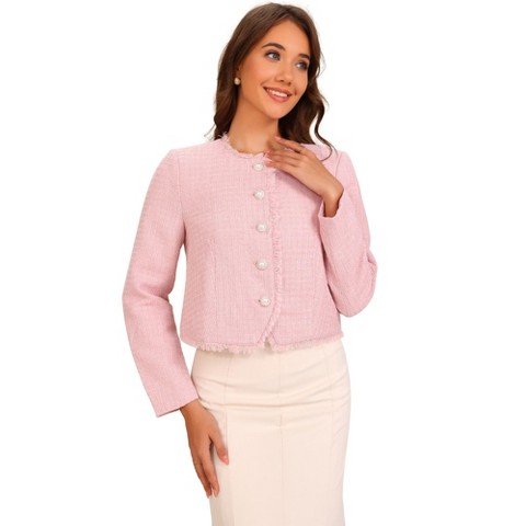 Женские пиджаки Allegra K Women's Plaid Tweed Crew Neck Cropped Button Up Elegant Work Blazer Pink X-Small