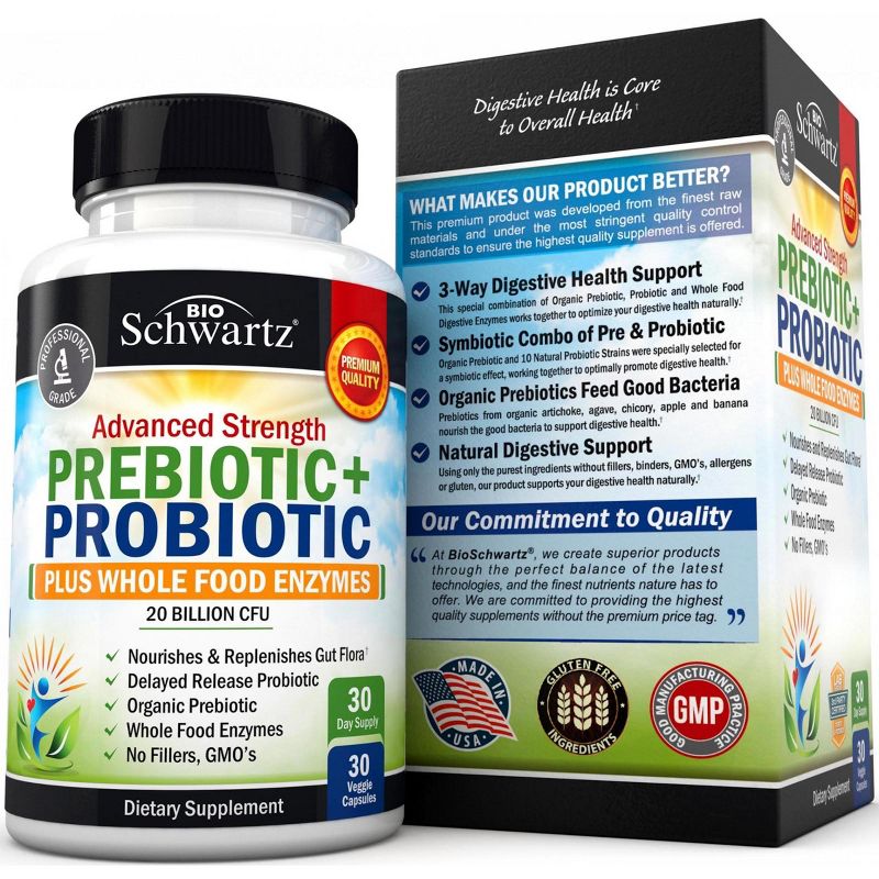 Prebiotic and Probiotic 20 Billion CFU + Whole Food Enzymes Capsules, Shelf-Stable, Probiotics Lactobacillus Acidophilus, Bioschwartz, 30ct, 4 of 7