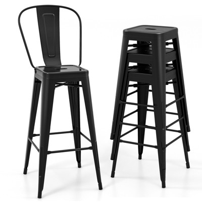 Tangkula Metal Bar stools Set of 4 30” High Back Bar Height Barstool w/ Removable Backrest Home Metal Frame Industrial Bar Chairs Set