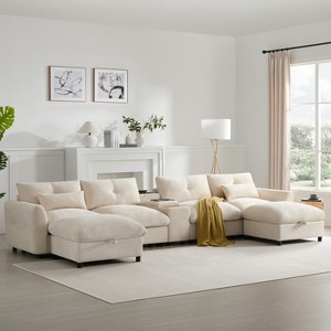 142'' Oversized Modular U-Shaped Sectional Sofa with Movable Storage Ottomans & USB Charging, Chenille 6-Seat Couch for Living Room - ModernLuxe - 1 of 4