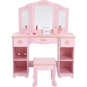 Kids Vanity Set, Pretend Play Girls Vanity Table and Chair Set with Mirror, Stool, and Wood Makeup Playset, Pink - 1 of 4