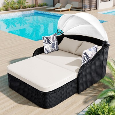 thumbnail image 2 of COSTWAY Outdoor Rattan Daybed With Retractable Canopy - White Patio Furniture With Cushions & Side Tables 2 of 10