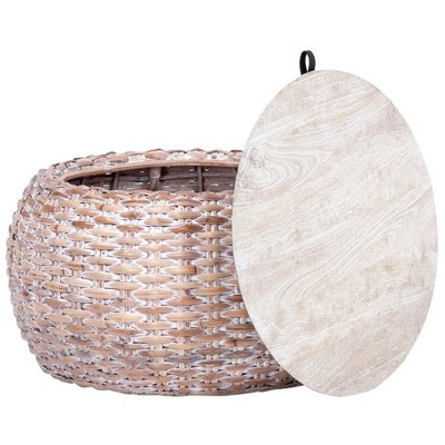 Natural White Wash Wood and Rattan Round Coffee Table