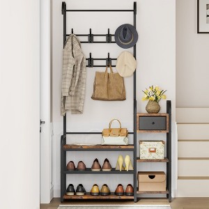 Hall Tree Shoe Bench, 8 Sturdy Hooks, 5-in-1 Industrial Entryway Bench with Storage Drawer, Coat Rack for Apartment, Bedroom, Rustic Brown - 1 of 4