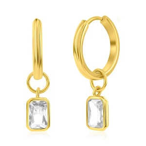 Bella Silver Sterling Silver, 'April' Rectangle CZ Charm Hoop, Gold Plated Earrings - White CZ - Blue - 1 of 2