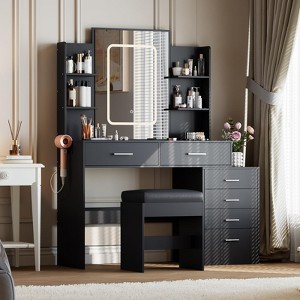 Vanity Desk with Mirror and Lights, Makeup Vanity Set with 6 Drawers and Shelves, Vanity with Charging Station - 1 of 4