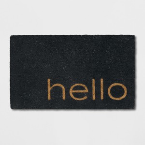 1'6"x2'6"/18"x30" Hello Coir Doormat Black - Threshold™: Outdoor Front Door Mat, Modern Typography, Medium Pile - 1 of 3