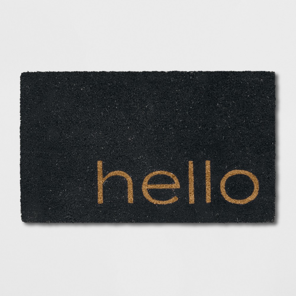 1'6"x2'6"/18"x30" Hello Coir Doormat Black - Threshold™: Outdoor Front Door Mat, Modern Typography, Medium Pile