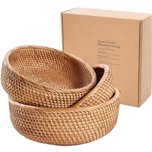 Aoibox Honey Brown Natural Rattan Bread Basket Set of 3 - Handwoven Round Wicker Serving Bowls for Fruit, Snacks, Kitchen Counter Organizing - 1 of 4