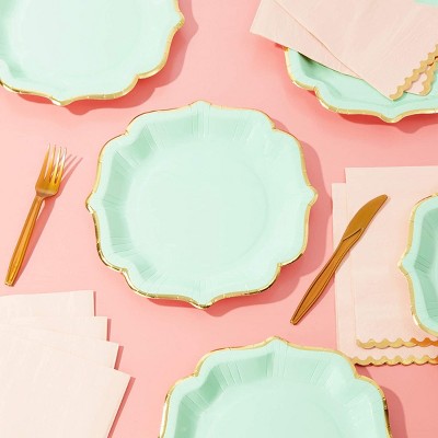 Mint Green and Gold Scalloped Edge Paper Plates, 9-inch, 48-Pack