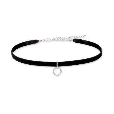 Ross-Simons 0.12 ct. t.w. Diamond Circle Pendant Choker Necklace With Black Velvet Cord and Sterling Silver Size 13