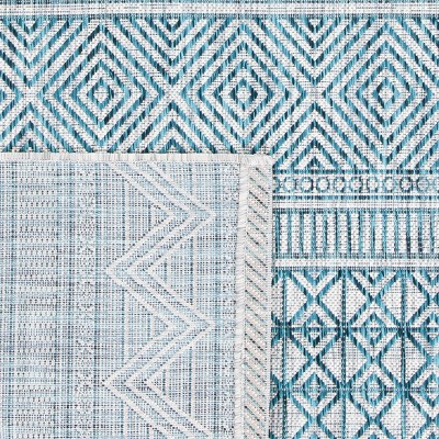 Grey and Teal Square Synthetic Indoor/Outdoor Rug