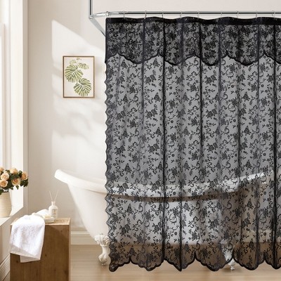 HLC.ME Harper Lace Shower Curtain for Bathroom with Floral Vine Design and Attached Valance – Elegant Victorian Classic Style