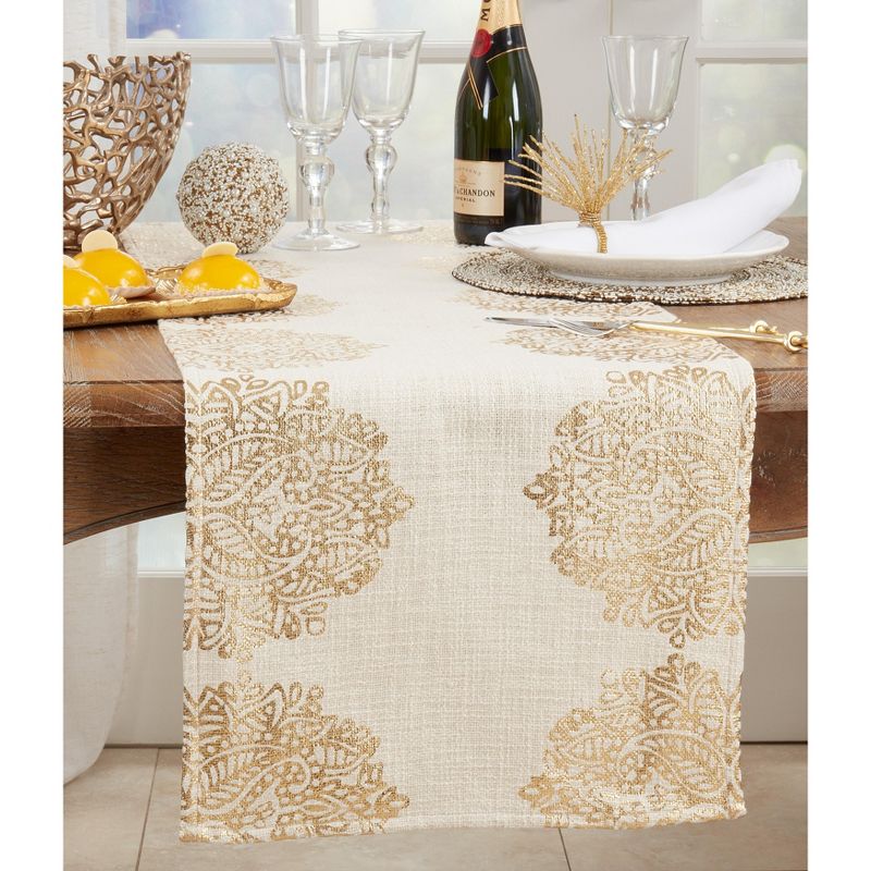 Saro Lifestyle Table Runner With Foil Print Medallion Design, Gold, 16" x 72", 3 of 4