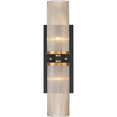 Black and Brass 2-Light Vanity Sconce with Ribbed Glass