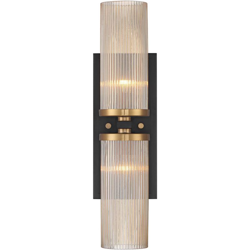 Stiffel Modern Wall Light Sconce Black Brass Hardwired 4 1/4" 2-Light Fixture Ribbed Champagne Glass Shade for Bedroom Bathroom Vanity Living Room, 4 of 10