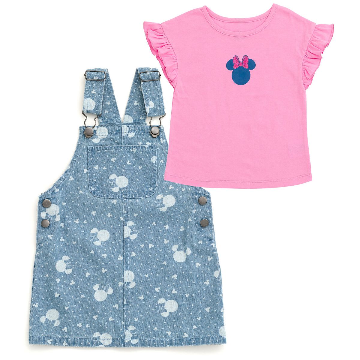 Disney Minnie Mouse Girls Vintage Wash Denim Overall Dress and T-Shirt Outfit Set Toddler