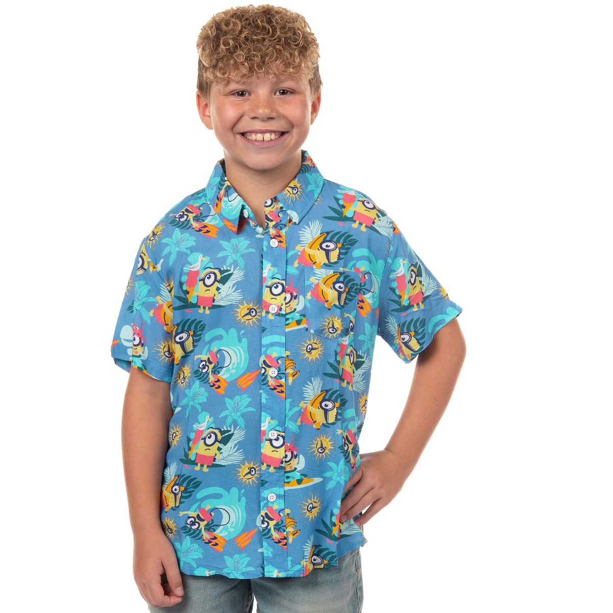Seven Times Six Minions Hawaiian Shirt Boys' Beach Theme Button Up Woven Top