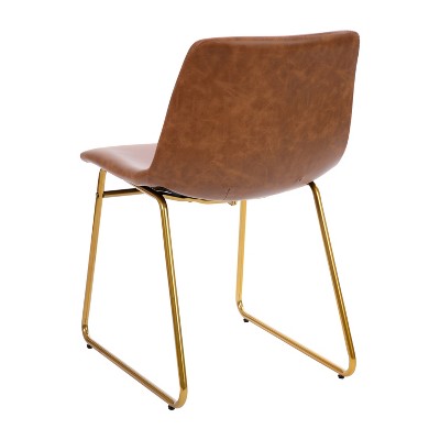Light Brown LeatherSoft Bucket Dining Chairs with Gold Sled Base, Set of 2