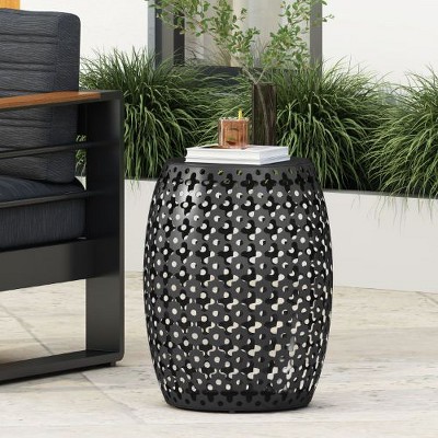 NicBex Modern Barrel-Shaped Outdoor End Table for Patio, Powder-Coated Patio Side Table with Cutout Design, Large Metal End Table