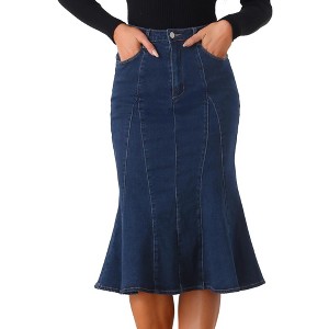 INSPIRE CHIC Women's High Waist Fishtail Ruffle Denim Jean Skirt - 1 of 4