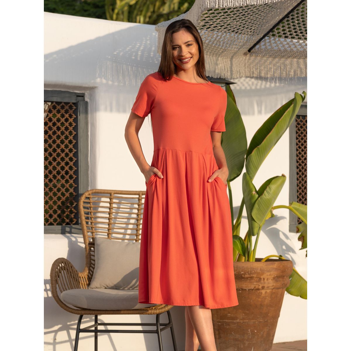 Womens Short Sleeve Boat Neck Pleated Flared Pocket Midi Dress - 24seven Comfort Apparel™ - thumbnail 5