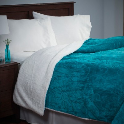 Hastings Home Floral Etched Fleece Blanket with Sherpa-F/Q-Teal