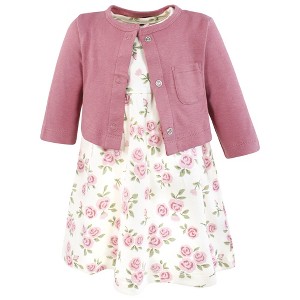 Hudson Baby Infant and Toddler Girls Cotton Dress and Cardigan Set, Mauve Sage Rose - 1 of 4