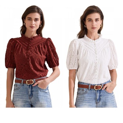 INSPIRE CHIC Women's Summer Crochet Hollow Out Floral Ruffle Neck Puff Short Sleeve Button Down Blouse 2 Packs