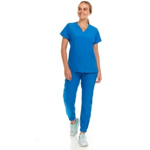 Hey Collection Womens Stretch V-Neck Jogger Scrubs Set, Medical Nursing Tops with Four Pocket Pants - 1 of 4