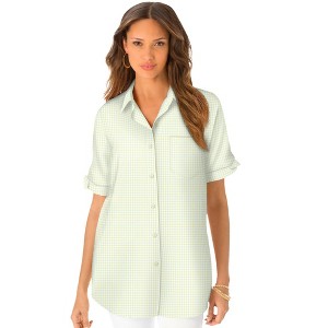 Roaman's Women's Plus Size French Check Big Shirt - 1 of 4