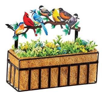 Collections Etc Songbirds Iron Metal Deck Rail Planter with Coco Basket for Flowers NO SIZE