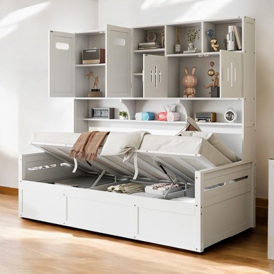 Mshliw Wooden Daybed with Hydraulic Lift, Storage Cabinets & Shelves – Sturdy Pine Frame with Multiple Storage Compartments