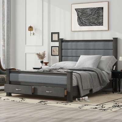 Queen Size Platform Bed with Upholstered Headboard, Footboard and 2 Drawers, Antique White/Antique Gray-ModernLuxe