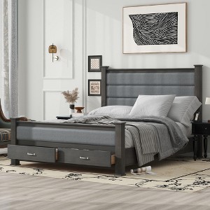 Queen Size Platform Bed with Upholstered Headboard, Footboard and 2 Drawers, Antique White/Antique Gray-ModernLuxe - 1 of 4
