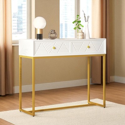 Buffet Cabinet with Storage, Narrow Wooden Sideboard with 2 Stripe-Design Drawers and Gold Legs, Sleek Accent Cabinet for Dining Room, Living Room