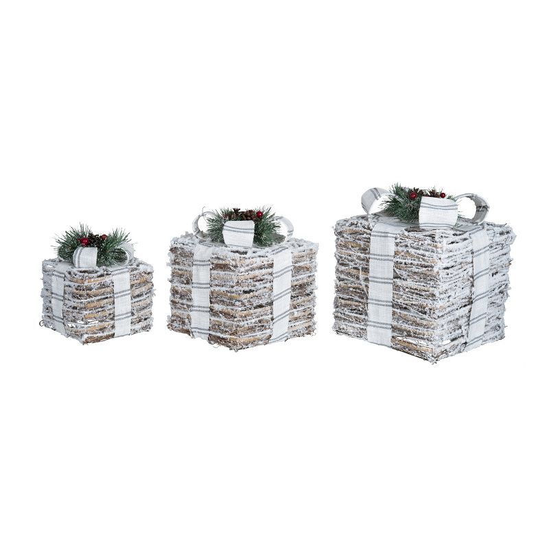 Transpac Metal 12.99 in. Silver Christmas Light Up Ticking Stripe Bow Present Decor Set of 3, 3 of 5