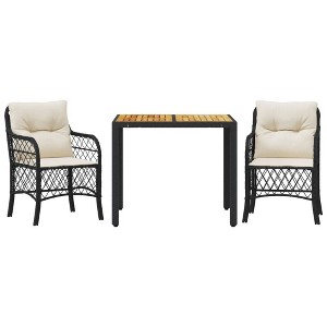vidaXL 3 Piece Bistro Set with Cushions - Black Poly Rattan Patio Furniture for Garden/Backyard/Balcony - Removable Covers - Acacia Wood Tabletop - 1 of 4