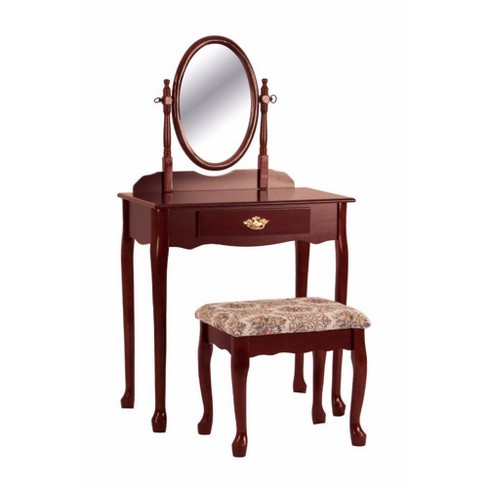 Vanity Table And Stool Set With Oval, Cherry Wood Vanity Mirror