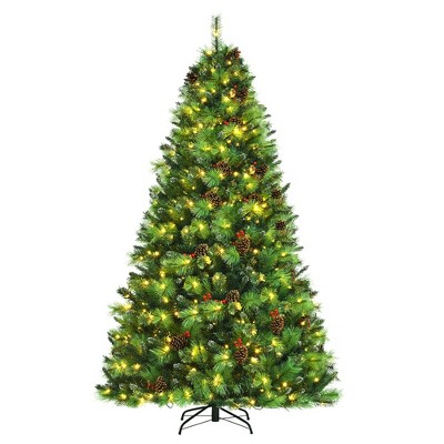 Costway 8ft Pre-lit Hinged Artificial Christmas Tree w/Pine Cones & Red Berries