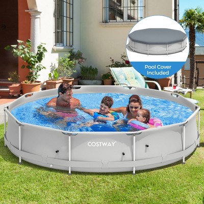 Gray Round Above Ground Swimming Pool with Iron Frame and Pool Cover