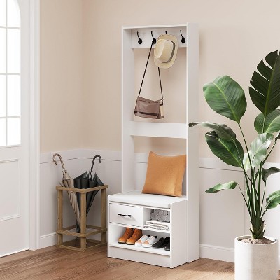 Heynemo Hall Tree with Bench, Entryway Bench with Coat Rack, Shoe Storage, Soft Cushion, Wood Entryway Furniture