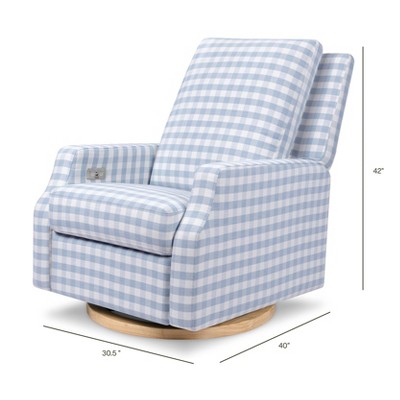 Blue Gingham Velvet Swivel Recliner with Light Wood Base