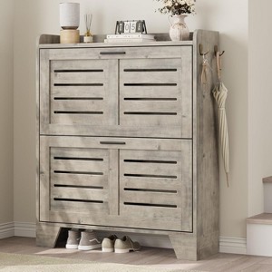 Jojoka Narrow Farmhouse Shoe Cabinet with 2 Flip Drawers, Adjustable Shelves, and Side Hooks for Entryway Storage, Grey - 1 of 4