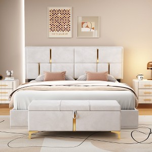 TiramisuBest Contemporary Style 3pc Bedroom Set Queen Size Bed And 2x Nightstands Black Wood Gold Accent Legs - 1 of 4